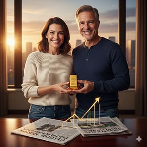 Couple holding gold bar